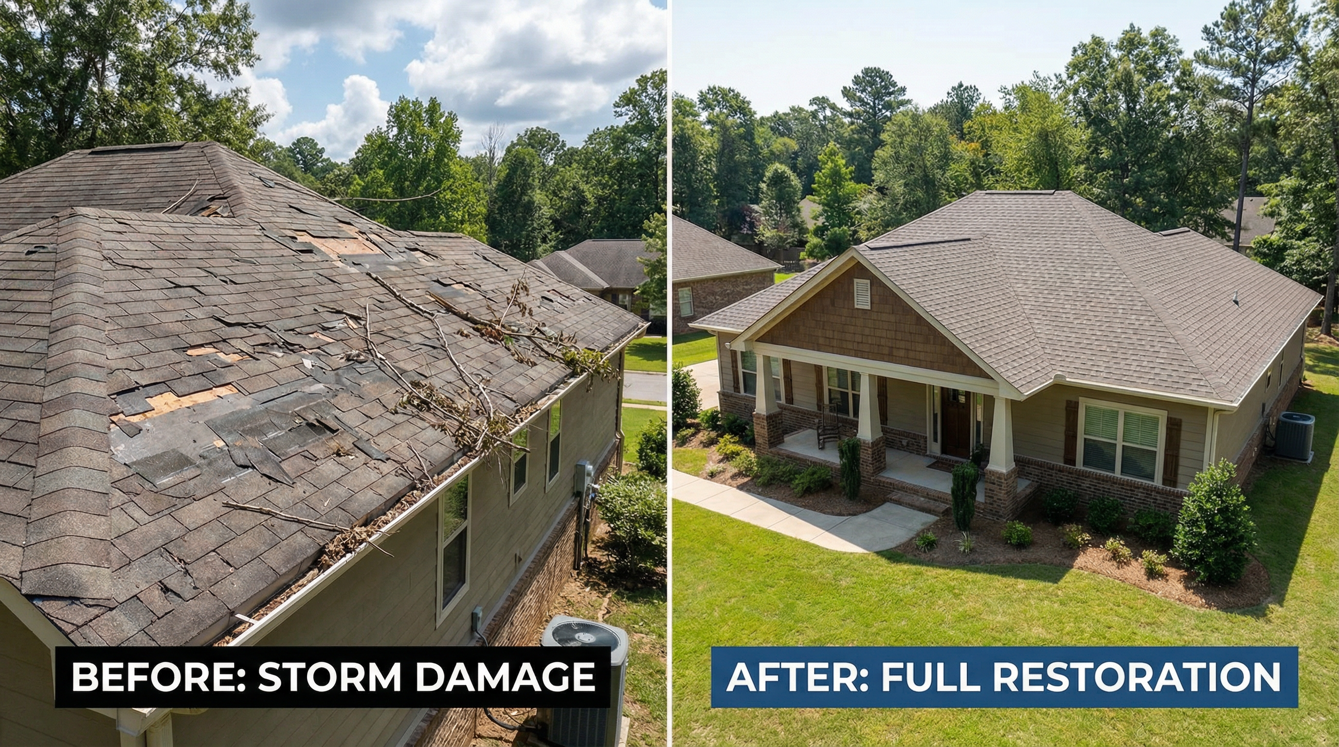 Before and after storm damage restoration by Faulkner County Disaster Cleanup in Vilonia, AR