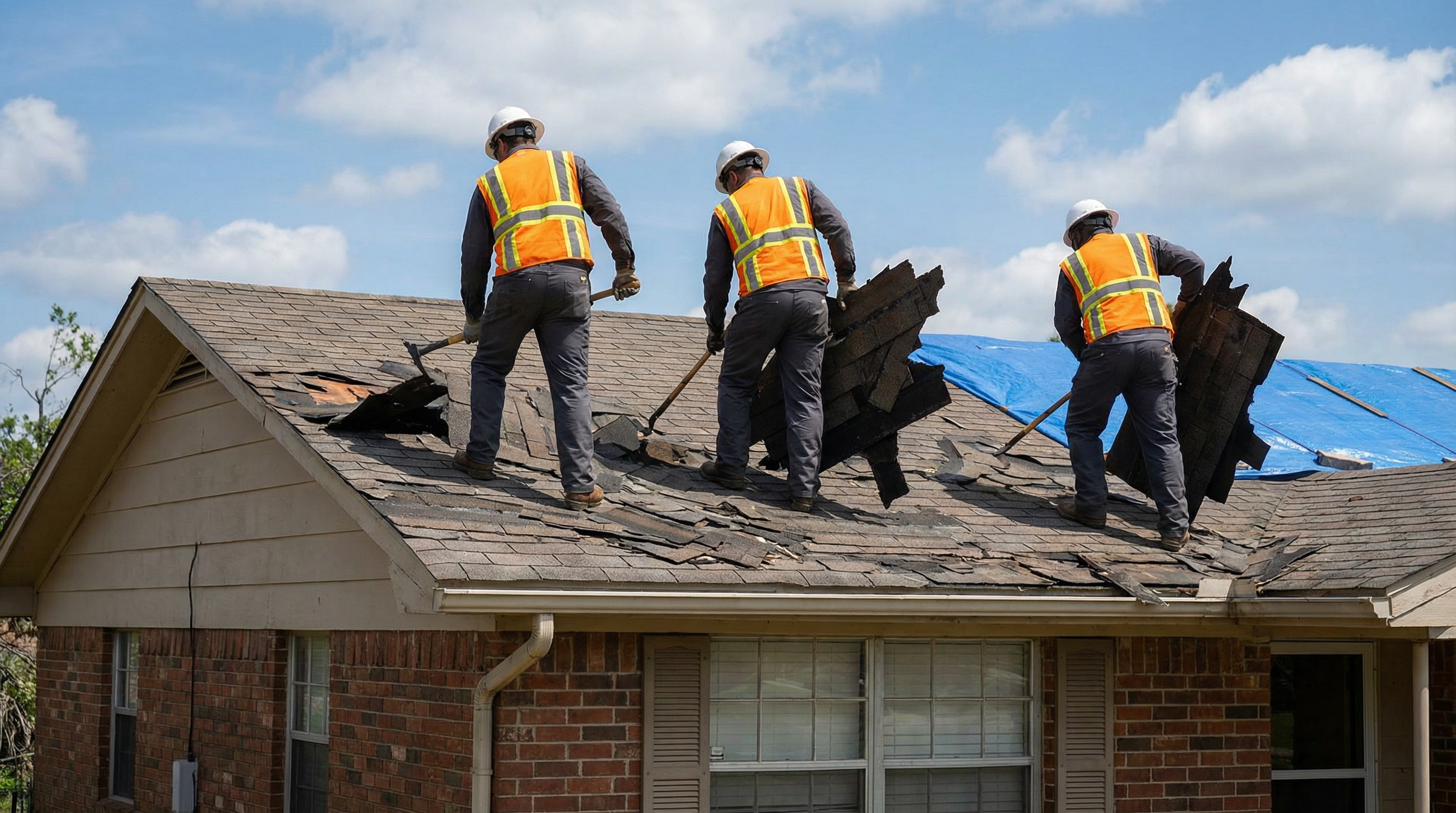 Faulkner County Disaster Cleanup crew working on storm-damaged roof in Vilonia, AR