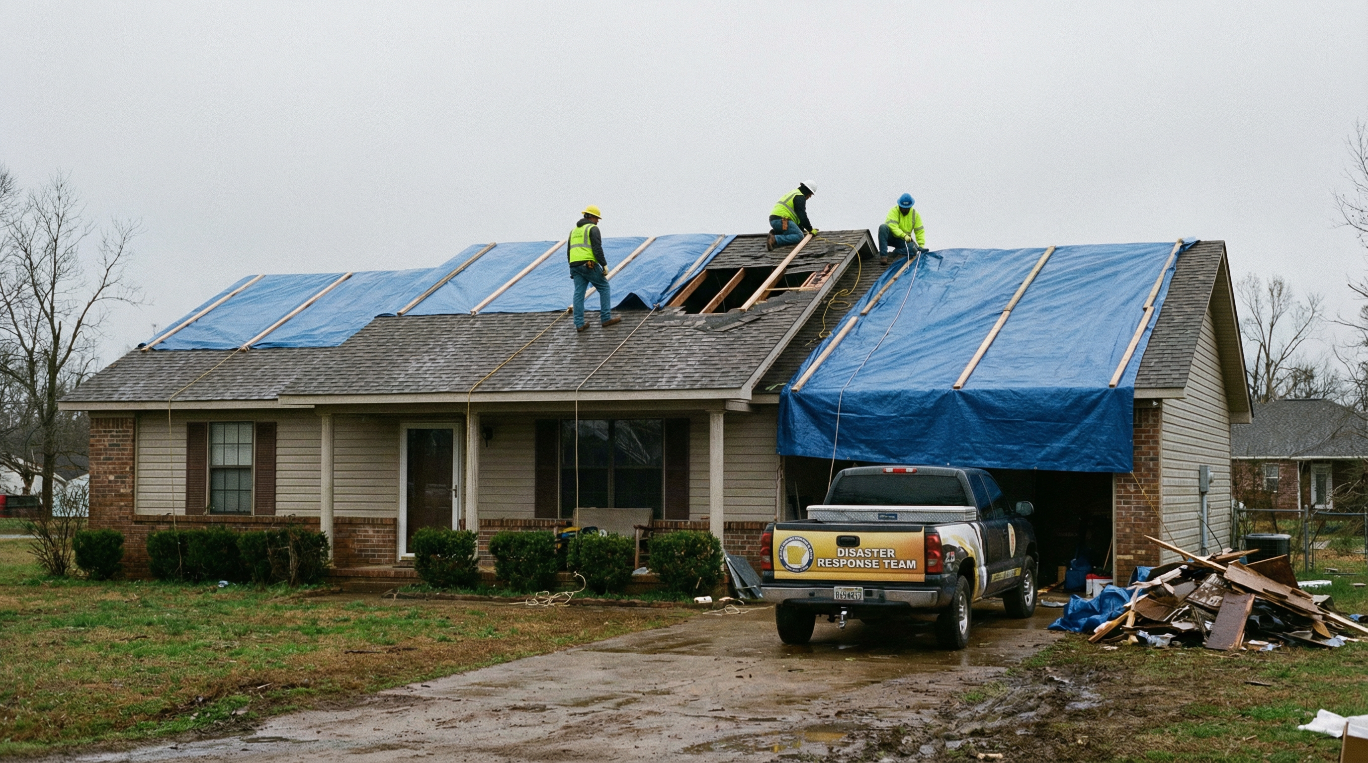 Emergency roof tarping being installed on storm-damaged home in Vilonia, AR