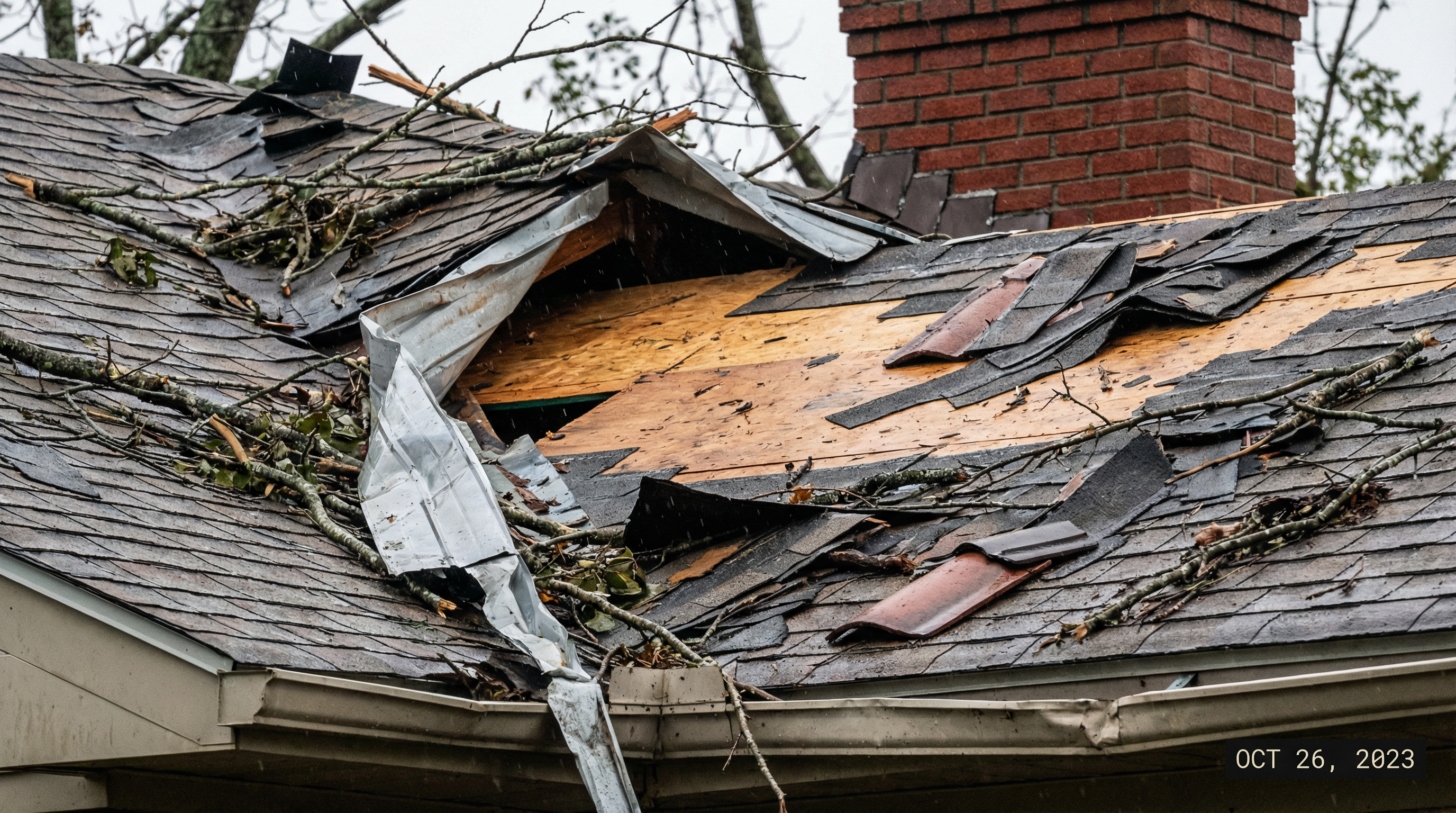 Wind damage repair in progress on residential roof in Vilonia, AR
